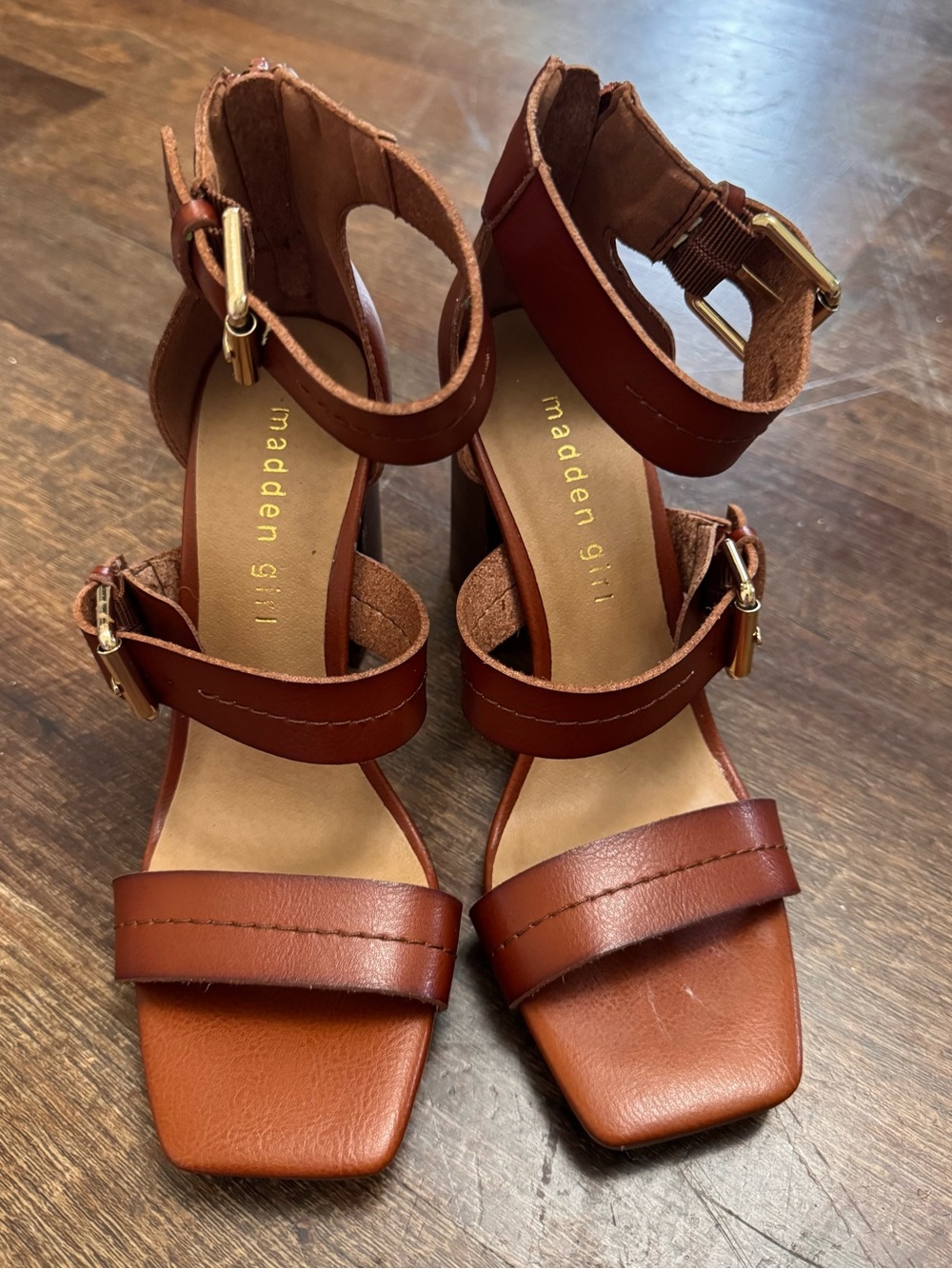 Madden Girl Brown Block Heel Sandals Size 6 Ankle Strap Buckle Heels